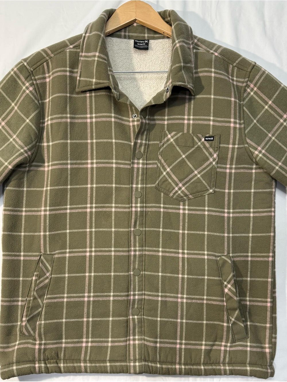 Hurley Mens M Sherpa Lined Plaid Shirt Jacket Olive Green Flannel Shacket